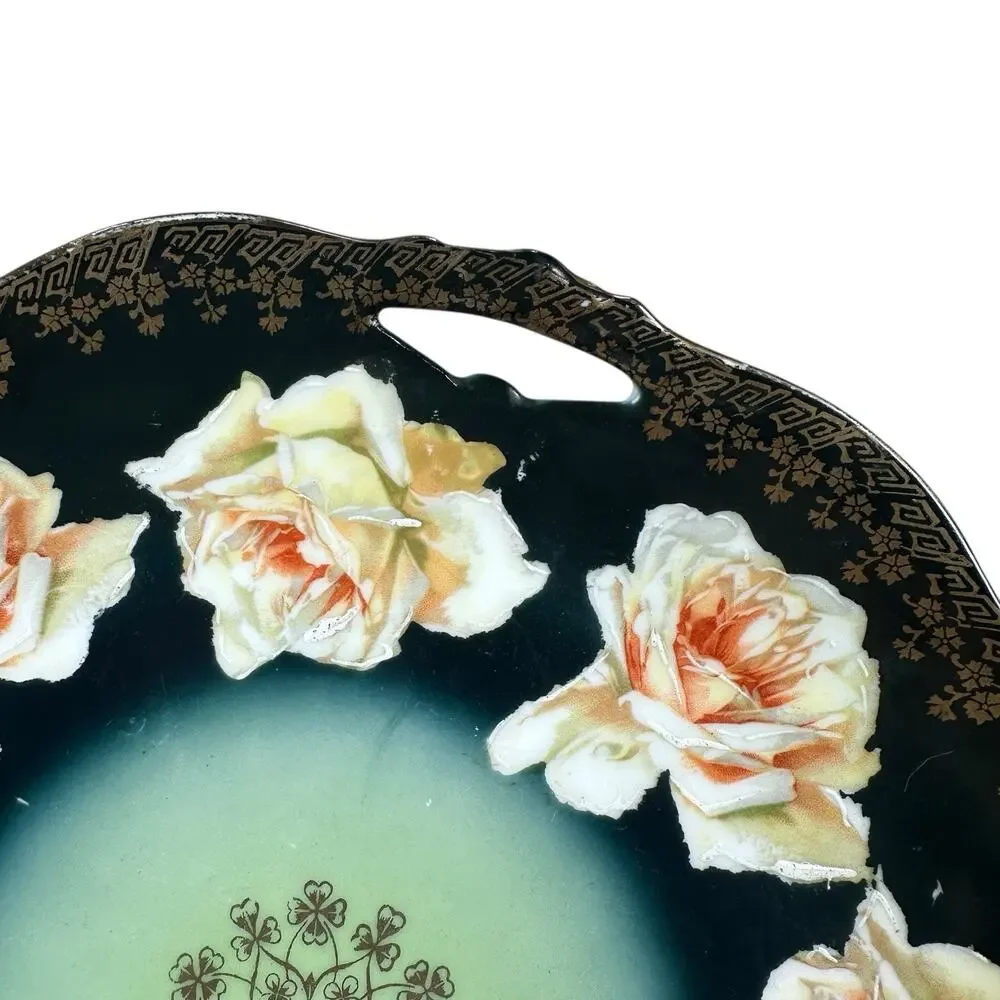 Vintage Mignon Z.S. Bavaria Plate Floral Roses Green Black‎ Gold Handled Serving